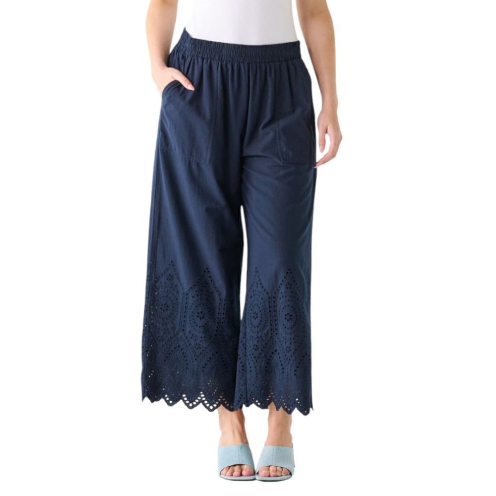 Dex Navy Eyelet Wide Leg Cropped Cotton Pants Women's Plus Size 3X Pedal Pushers